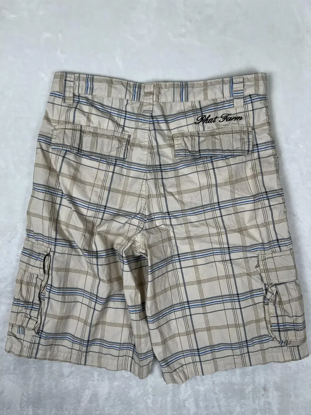 Vintage Phat Farm Cargo Shorts Mens 32 Beige Plaid Utility Y2K Hip Hop